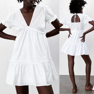 NEW Zara 100% Cotton Openwork Eyelet Embroidered V Neck Ruffle Dress White M
